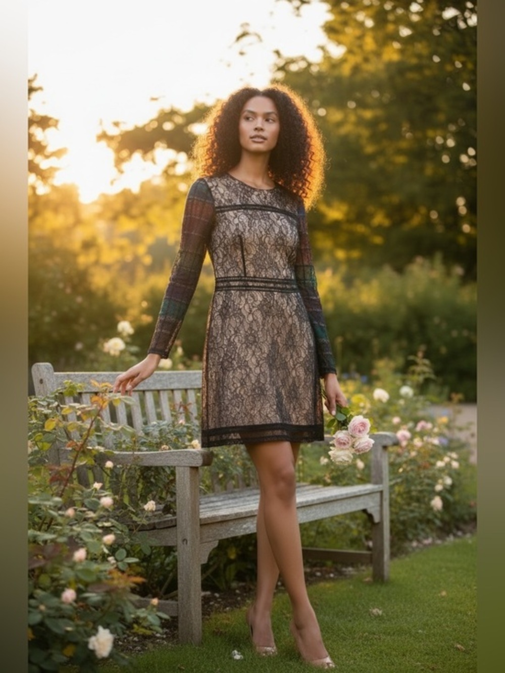CeCe Dress from Nordstrom, Black Lace with Nude Underlining. Long Sleeve, Size 6
